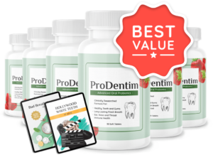 ProDentim best value combo: 6 bottles with free shipping and two bonus eBooks focused on oral health and dental care tips.